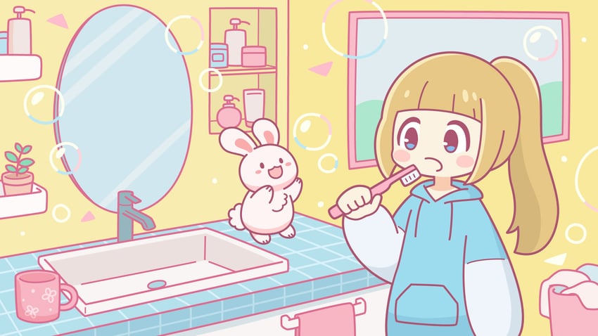 原创 1名女孩 动物 水蓝色连帽衫 手臂放在侧边 浴室