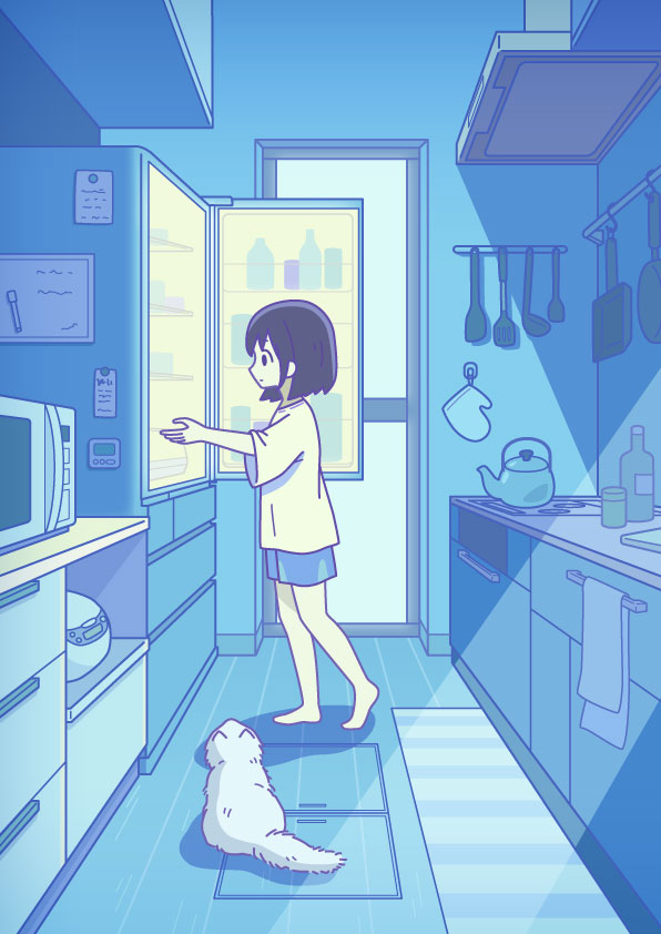 原创 1名女孩 动物 赤脚 蓝色主题 瓶子