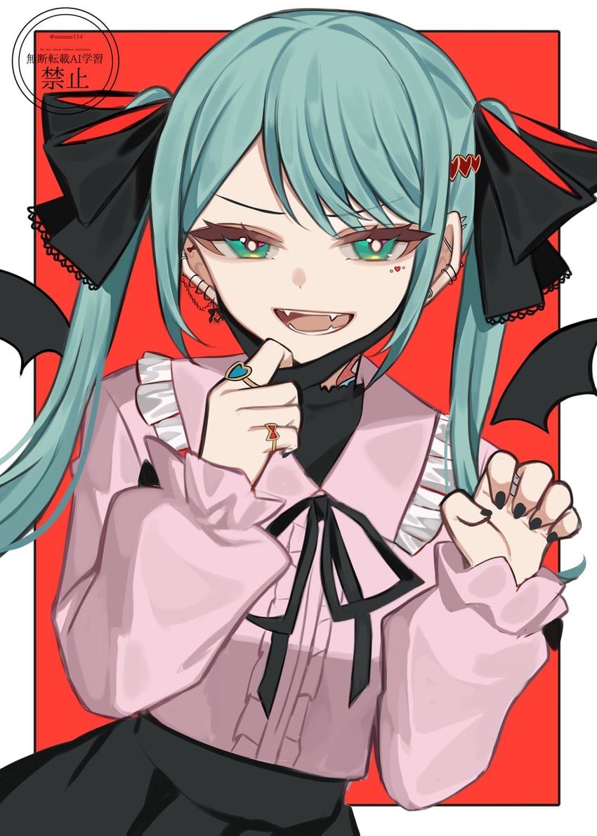 吸血鬼（Vocaloid）、VOCALOID、初音未来 1名女孩 水色瞳 水色发 蝙蝠翅膀 黑色指甲