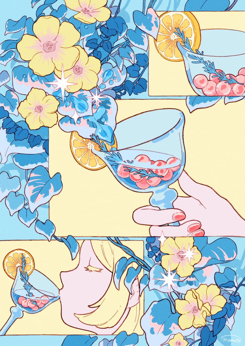 原创 1名女孩 金发 蓝色背景 蓝色主题 凌霄花