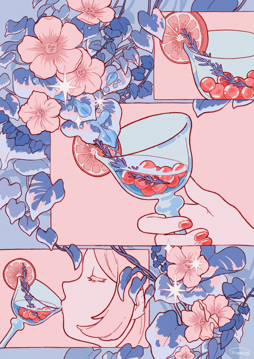 原创 1名女孩 蓝色背景 蓝色主题 凌霄花 闭眼
