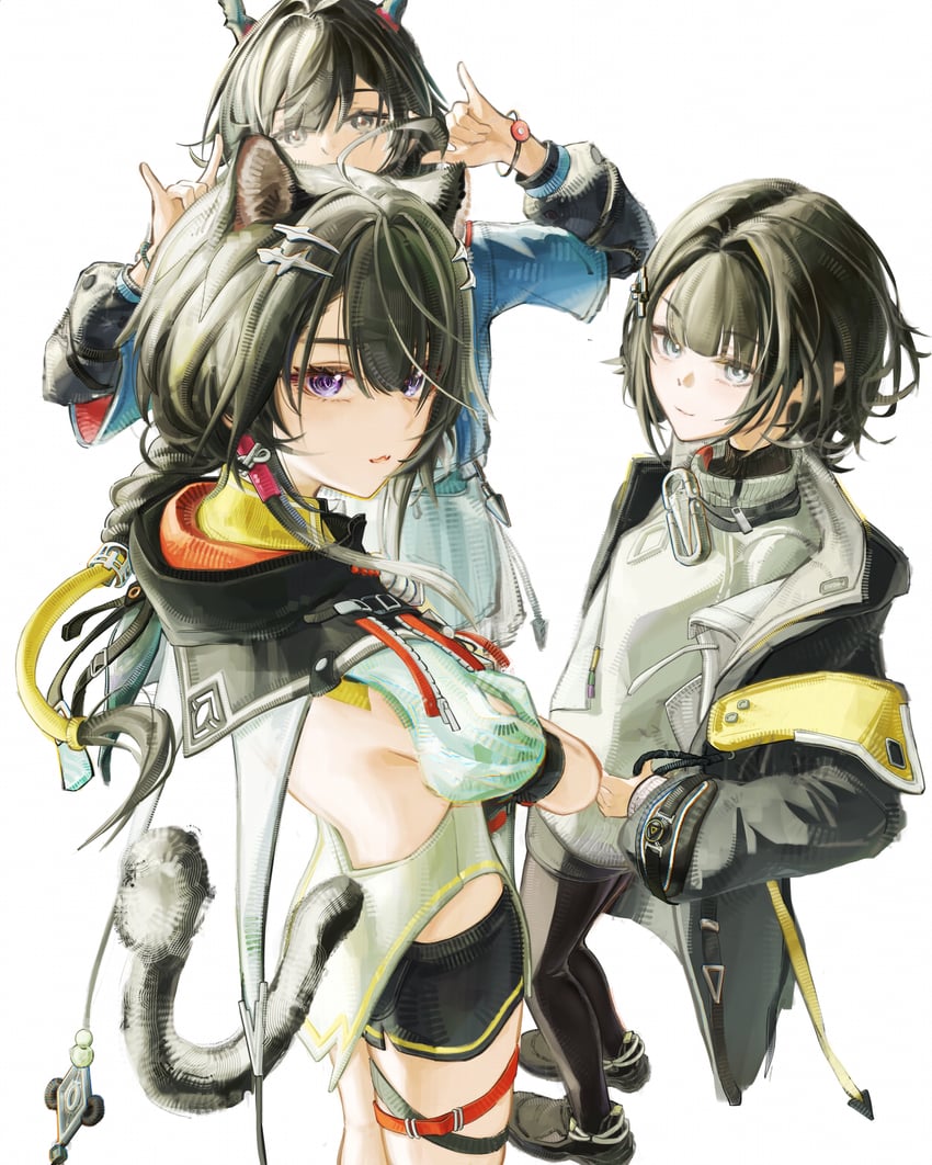 明日方舟、明日方舟：终末地、陈千语 (明日方舟) 3人女子 兽耳 露背 黑色大衣 黑发