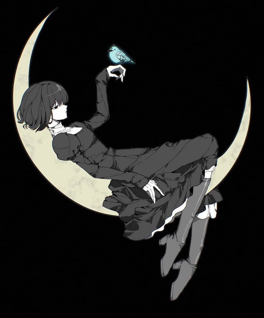 魔法使之夜、久远寺有珠、迷路的罗宾轮舞曲 1名女孩 鸟 黑色背景 黑色靴子 黑色连衣裙