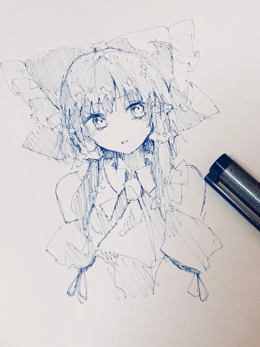 东方Project、博丽灵梦 1名女孩 画面内含画具 阿斯科特领巾 蓝色主题 蝴蝶结