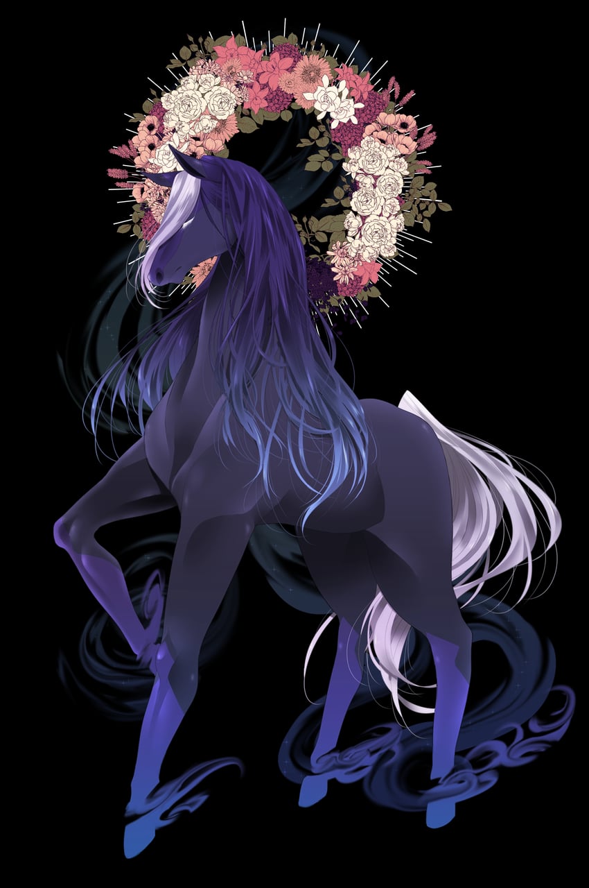 宝可梦、灵幽马 黑色背景 闭眼 面向侧面 花环 全身