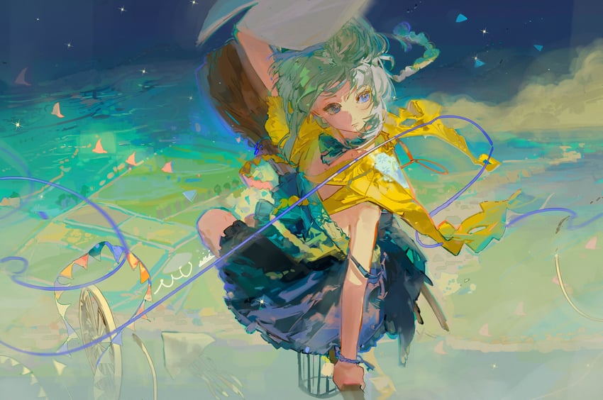 原创 1名女孩 水色发 蓝色连衣裙 蓝眼 蓝色丝带