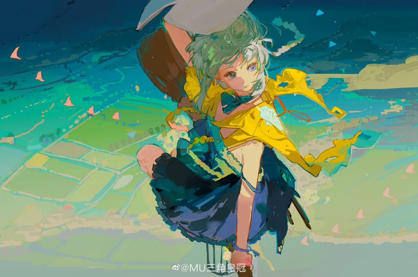 原创 1名女孩 水色发 蓝色连衣裙 蓝眼 辫子