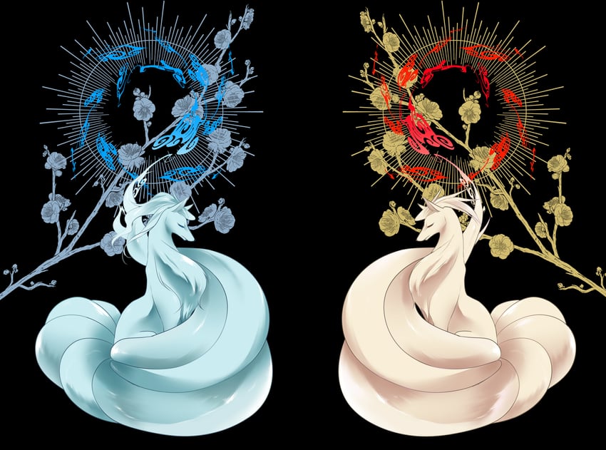 宝可梦、阿罗拉九尾、九尾 (宝可梦) 黑色背景 蓝眼 蓝花 花 全身
