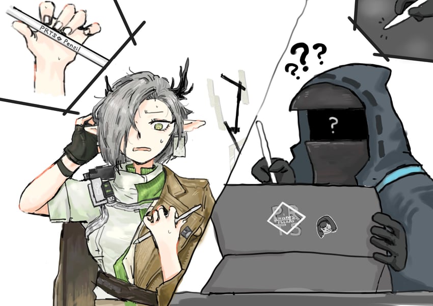 明日方舟、博士 (明日方舟)、娜斯提 (明日方舟) 1名女孩 1个其他角色 问号 ？？ 恶魔娘