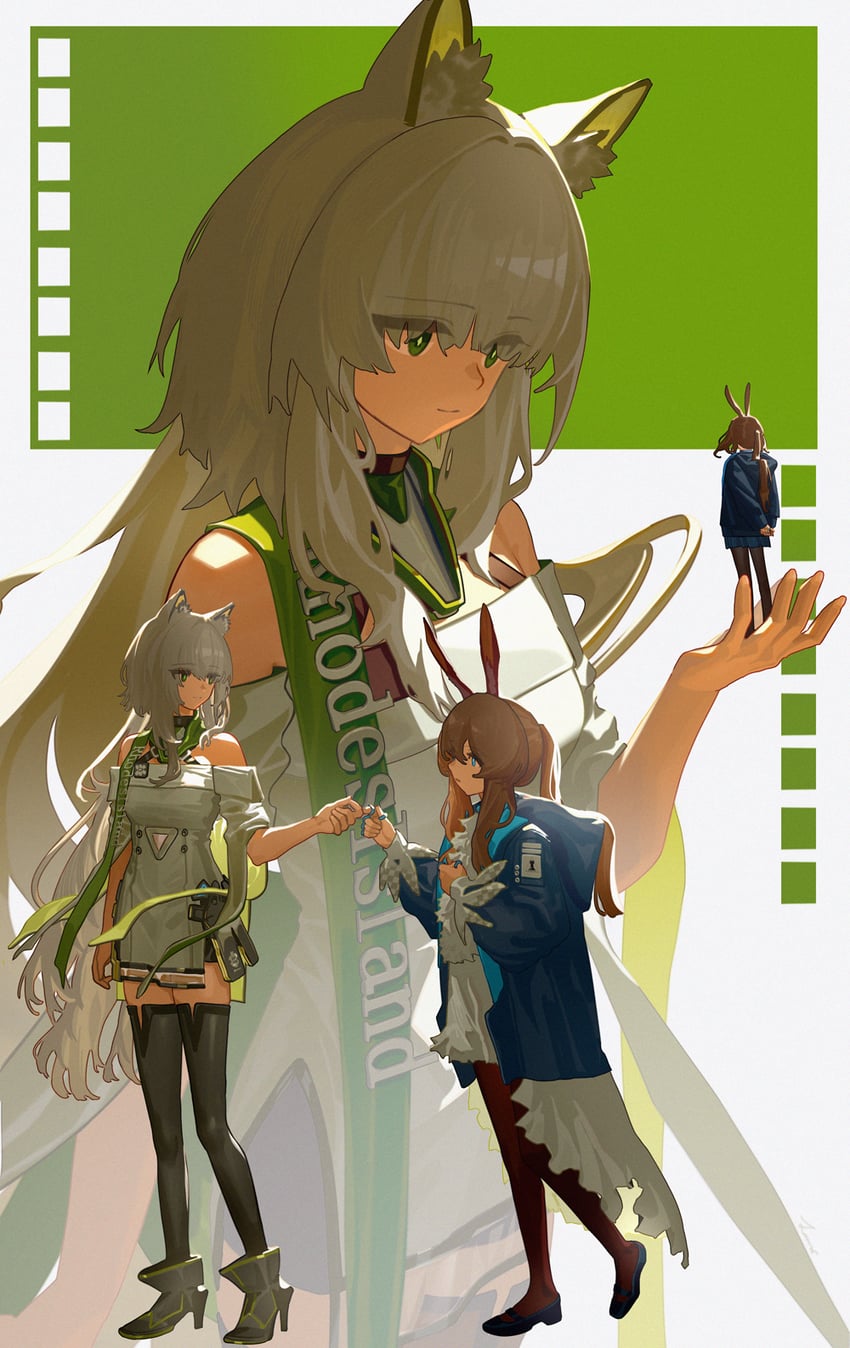 明日方舟、阿米娅 (明日方舟)、凯尔希 (明日方舟) 2名女孩 兽耳毛 兽耳 露肩 黑色靴子