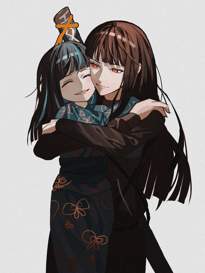 边狱公司、Project Moon、阿赖耶 (Project Moon) 2名女孩 微笑 黑发 蓝色和服 蓝饰带