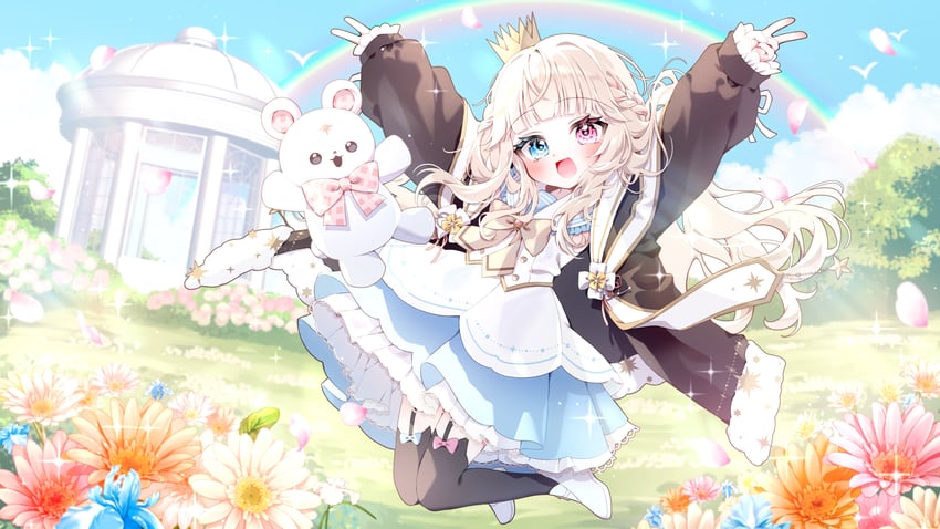 个人势虚拟主播、charlotte lily (vtuber) 1名女孩 周年纪念 黑色过膝袜 蓝色蝴蝶结 蓝色领结