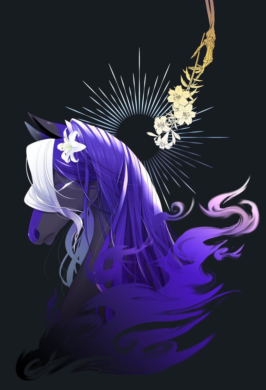 宝可梦、灵幽马 黑色背景 闭眼 面向侧面 花 马