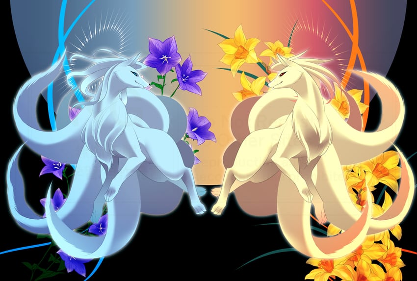 宝可梦、阿罗拉九尾、九尾 (宝可梦) 黑色背景 蓝眼 花 全身 看向他人