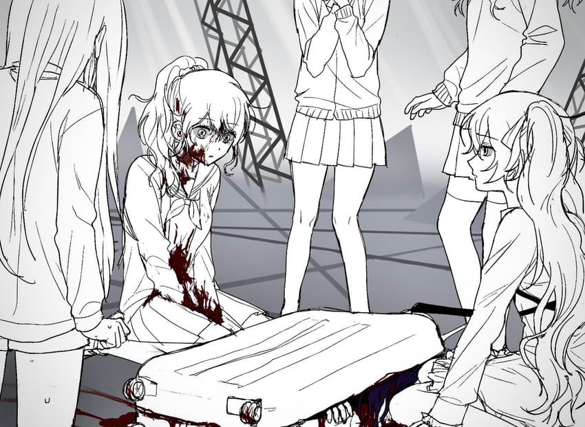 世界计划、VOCALOID、25点初音 1个其他角色 25点，在Nightcord。 (世界计划) 5名女孩 手臂置于腿间 血