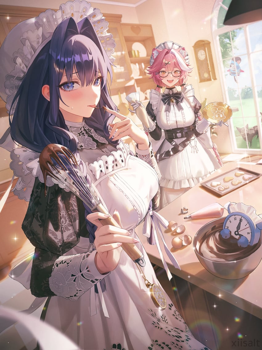 Hololive、Hololive英语、Chattino 2名女孩 兽耳 围裙 铃铛 黑色蝴蝶结
