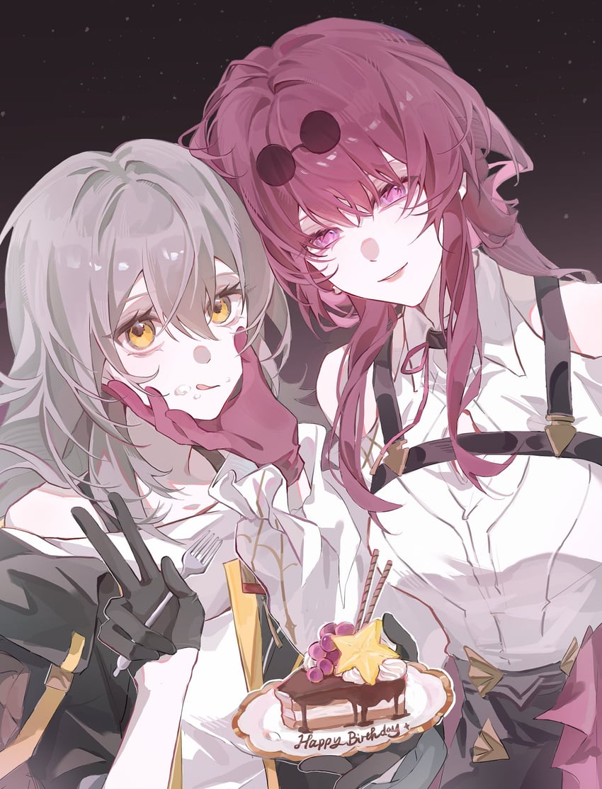 崩坏：星穹铁道、崩坏系列、卡芙卡 (崩坏：星穹铁道) 2名女孩 露肩 腰带 黑框眼镜 黑色皮带