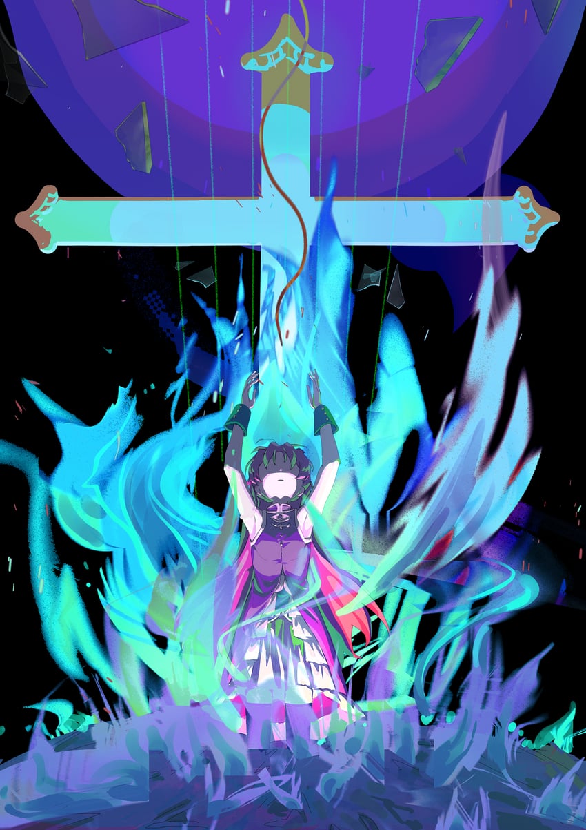 魔法少女小圆、魔法少女小圆、佐仓杏子 1名女孩 腋下 举起双手 露肩 黑色背景