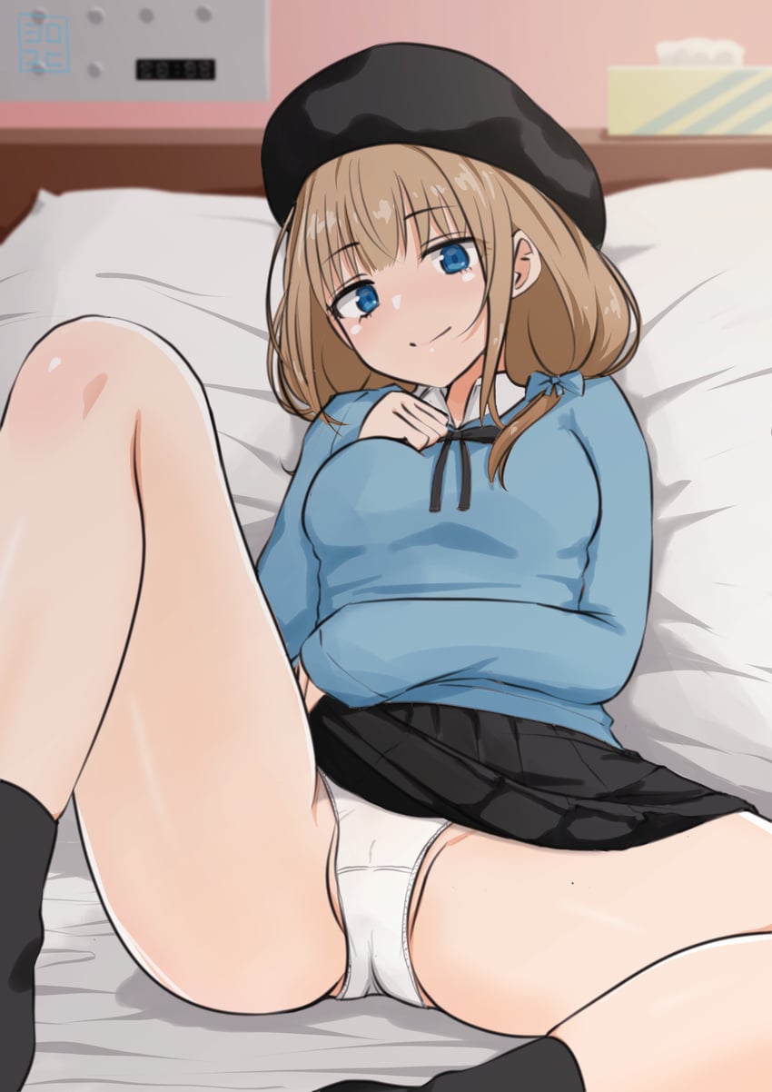 原创 1名女孩 贝雷帽 黑帽子 黑色裙子 黑袜