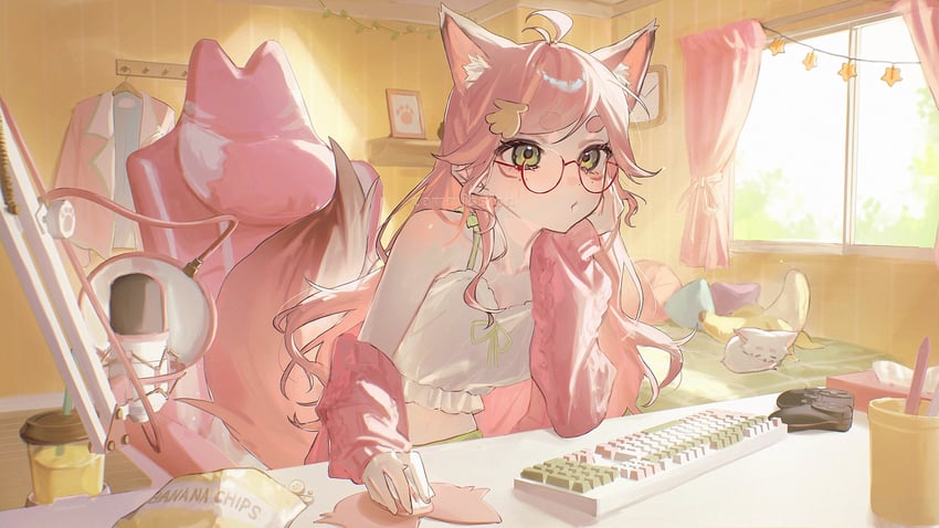 原创 1名女孩 呆毛 兽耳毛 兽耳 露肩