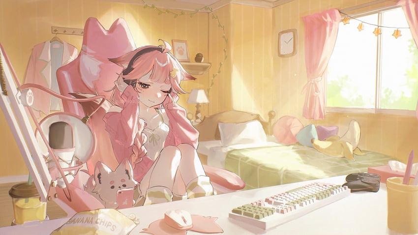 原创 1名女孩 呆毛 兽耳 床 辫子