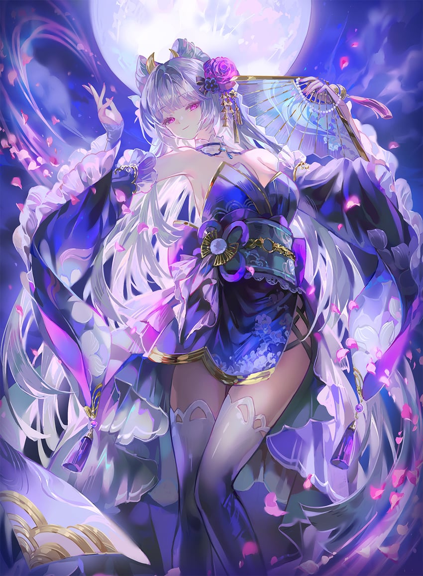 二次元插画 1名女孩 露肩 蓝色连衣裙 蓝色袖子 蓝色过膝袜