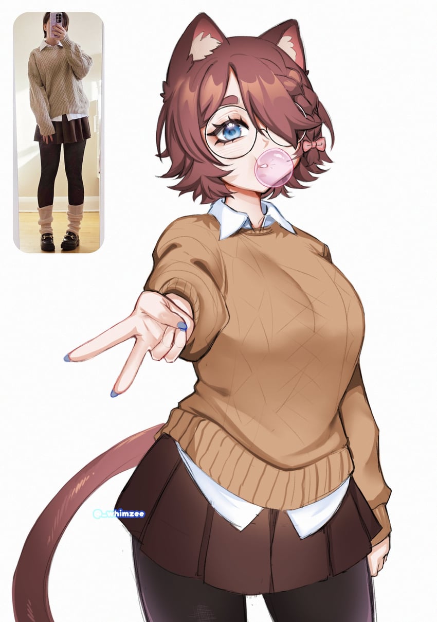 个人势虚拟主播、Whimzee (Vtuber) 1名女孩 兽耳 黑色连裤袜 蓝眼 蝴蝶结