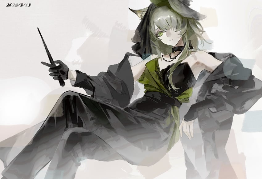 明日方舟、时尚芭莎、凯尔希 (明日方舟) 1名女孩 兽耳 露肩 黑色项圈 黑色手套