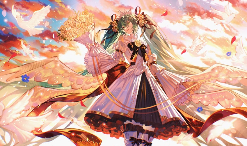 初音未来交响乐、VOCALOID、初音未来 1名女孩 水色瞳 水色发 鸟 花束