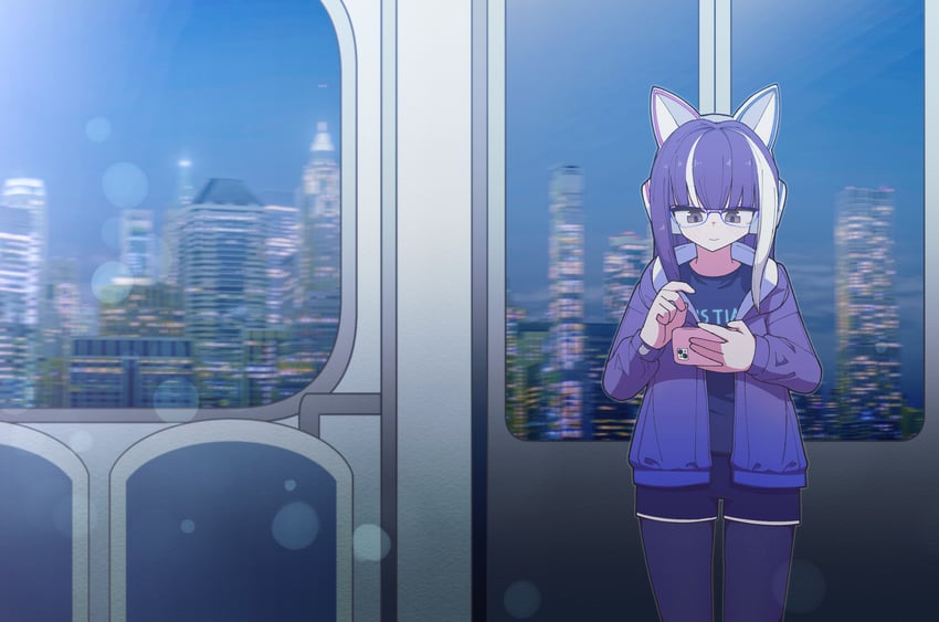 原创 1名女孩 兽耳耳机 兽耳 蓝色短裤 猫耳耳机