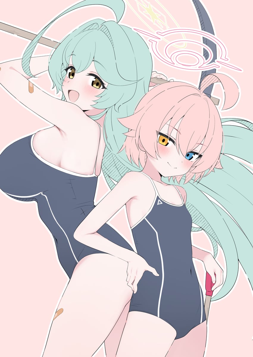 蔚蓝档案、星野 (碧蓝档案)、小鸟游星野 (一年级) 2名女孩 :D 阿拜多斯高中泳装 呆毛 创可贴
