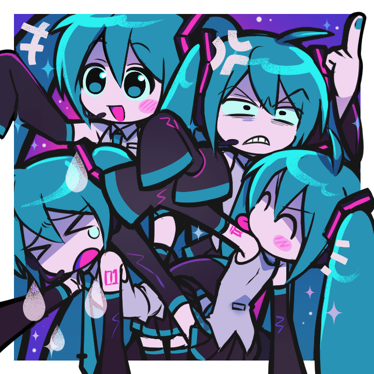 VOCALOID、初音未来 +++ 4个女孩 青筋 露肩 黑色袖子