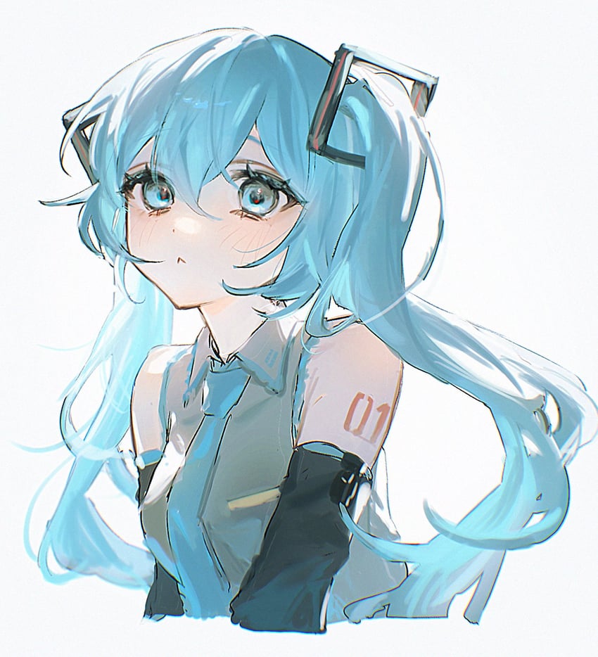 VOCALOID、初音未来 1名女孩 水色瞳 水色发 水蓝色领带 露肩
