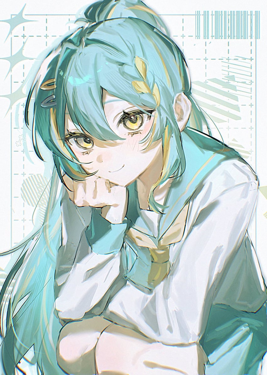 原创 1名女孩 水色发 水蓝色裙子 条形码 金发