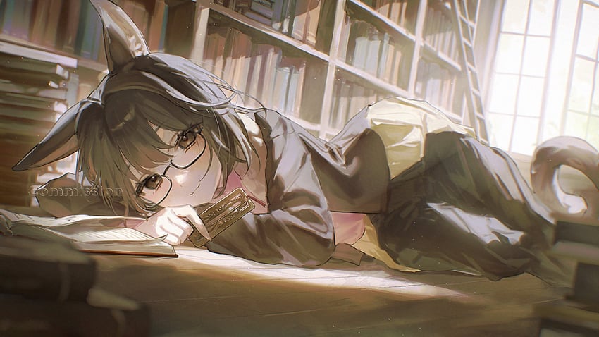 原创 1名女孩 兽耳 黑框眼镜 黑色夹克 黑色裙子