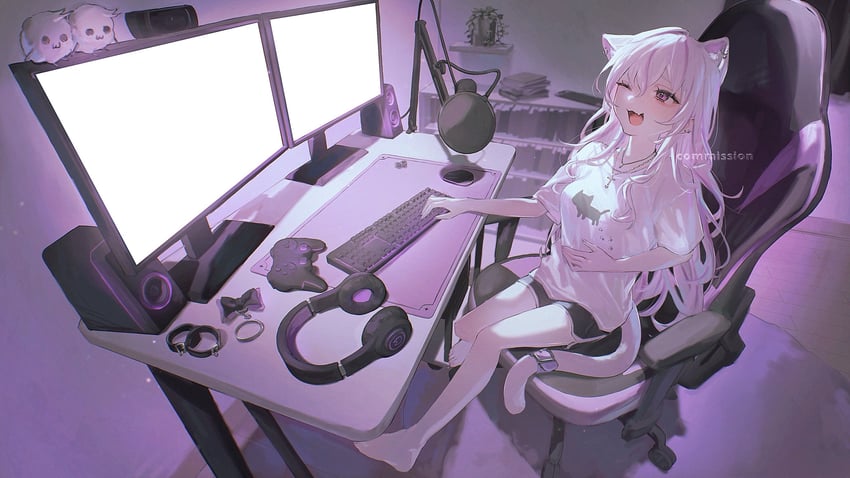 个人势虚拟主播 1名女孩 兽耳毛 兽耳 赤脚 黑色短裤