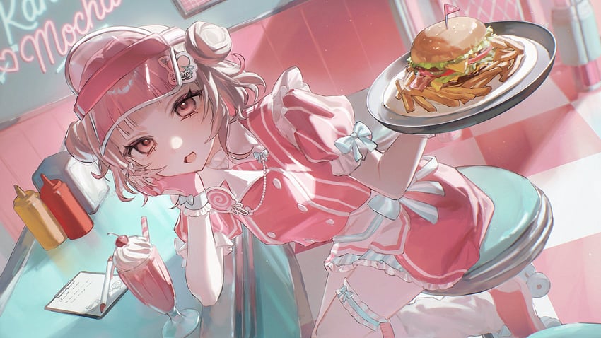 原创 1名女孩 围裙 吧台凳 蝴蝶结 棕发
