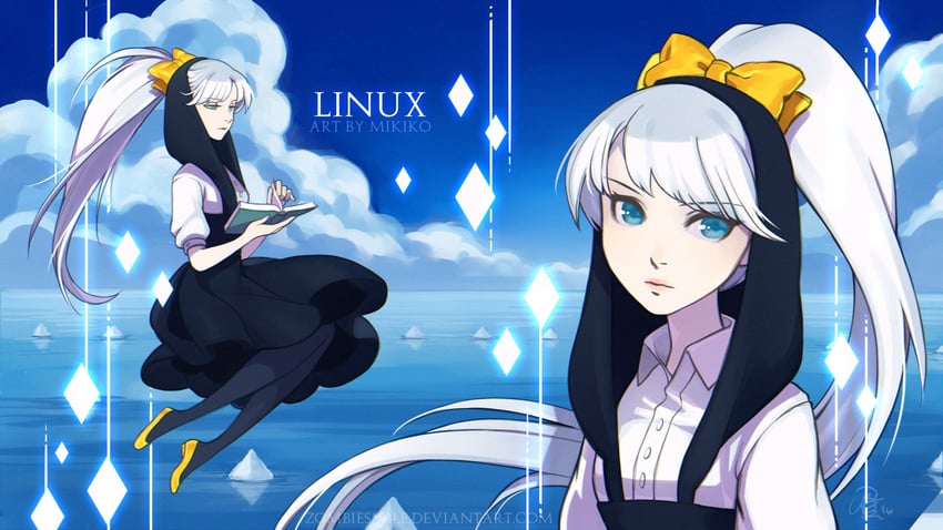 Linux、系统娘 1名女孩 水色瞳 作者名 黑色连衣裙 黑色头巾