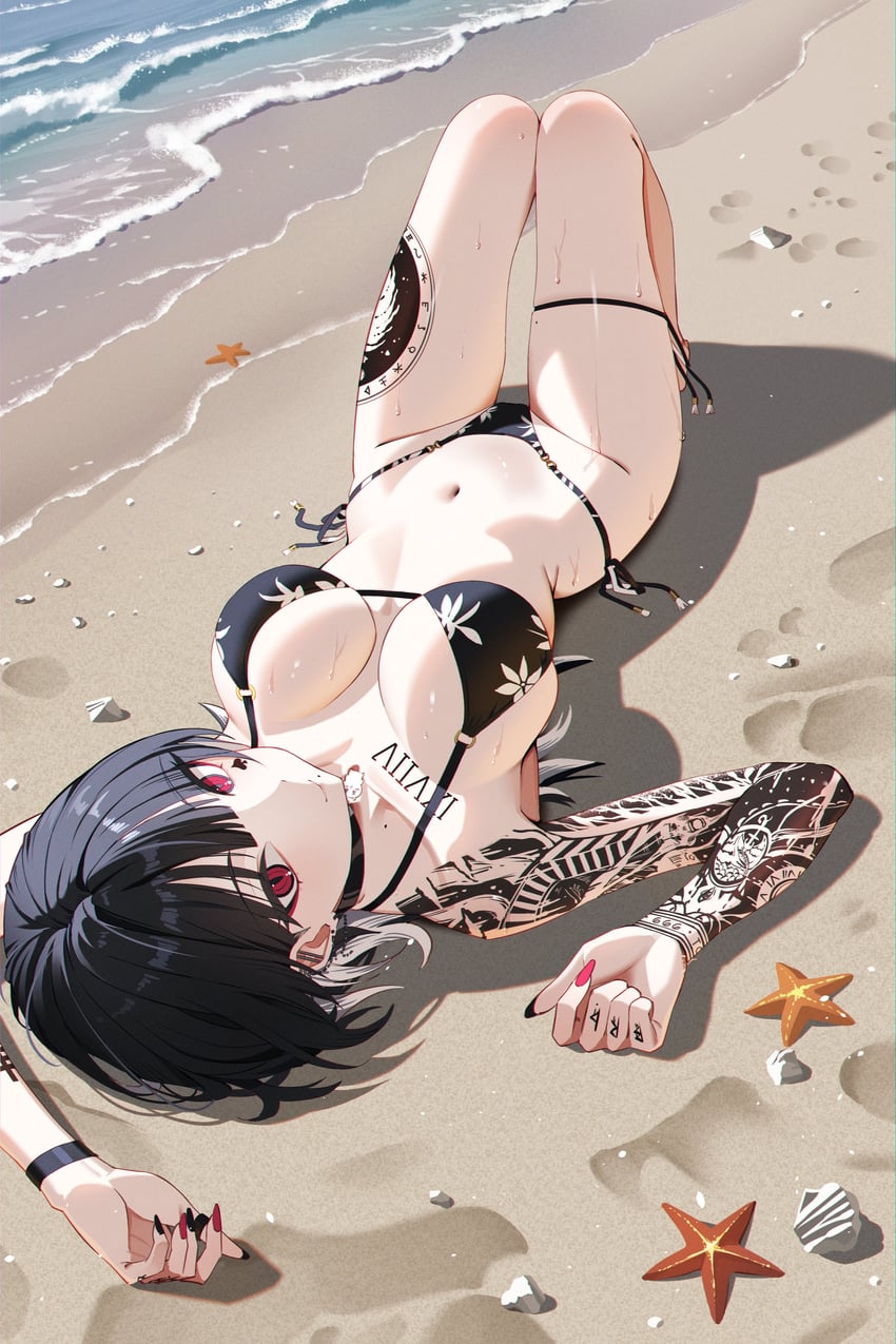 原创、akatsuki rin (himura soichiro) 1名女孩 手臂纹身 海滩 比基尼 黑色比基尼