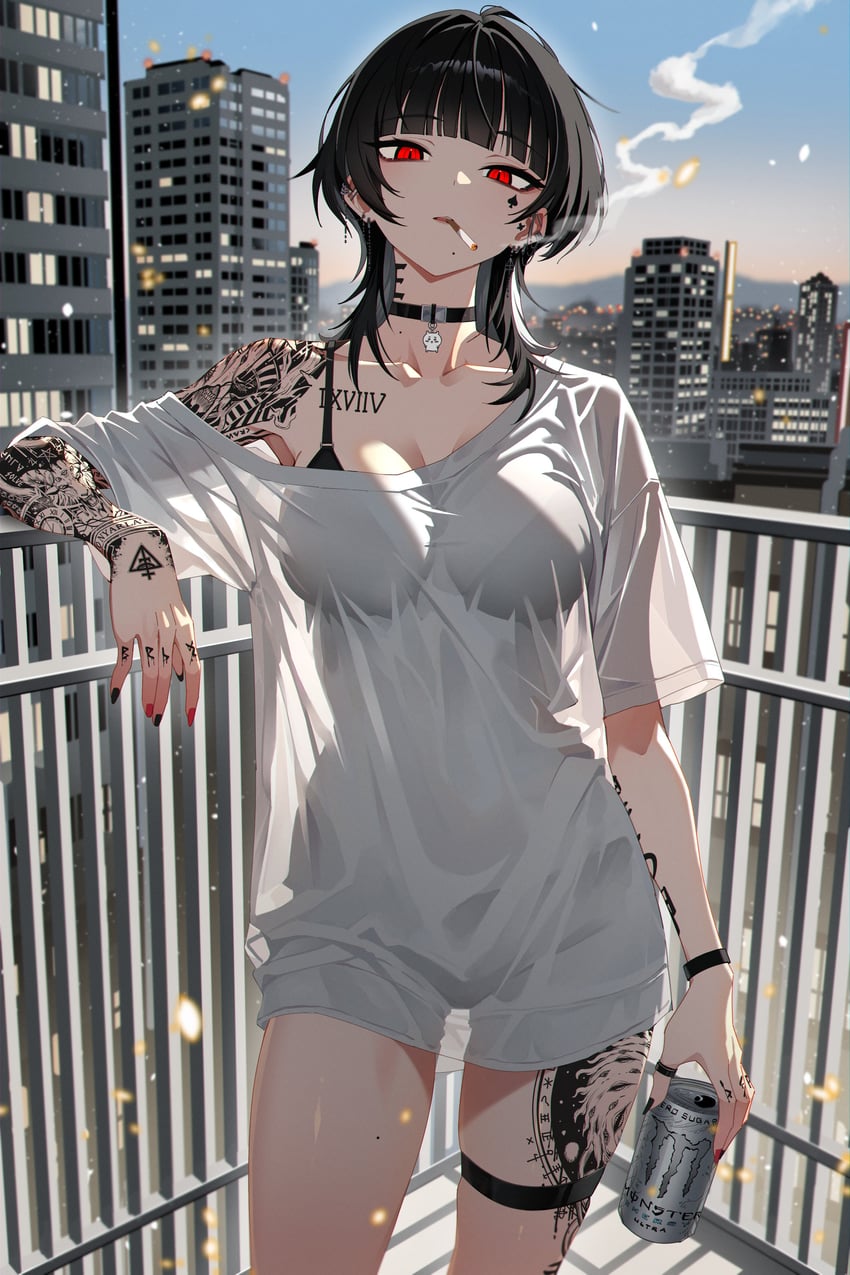 原创、akatsuki rin (himura soichiro) 1名女孩 手臂纹身 黑色文胸 黑色项圈 黑发