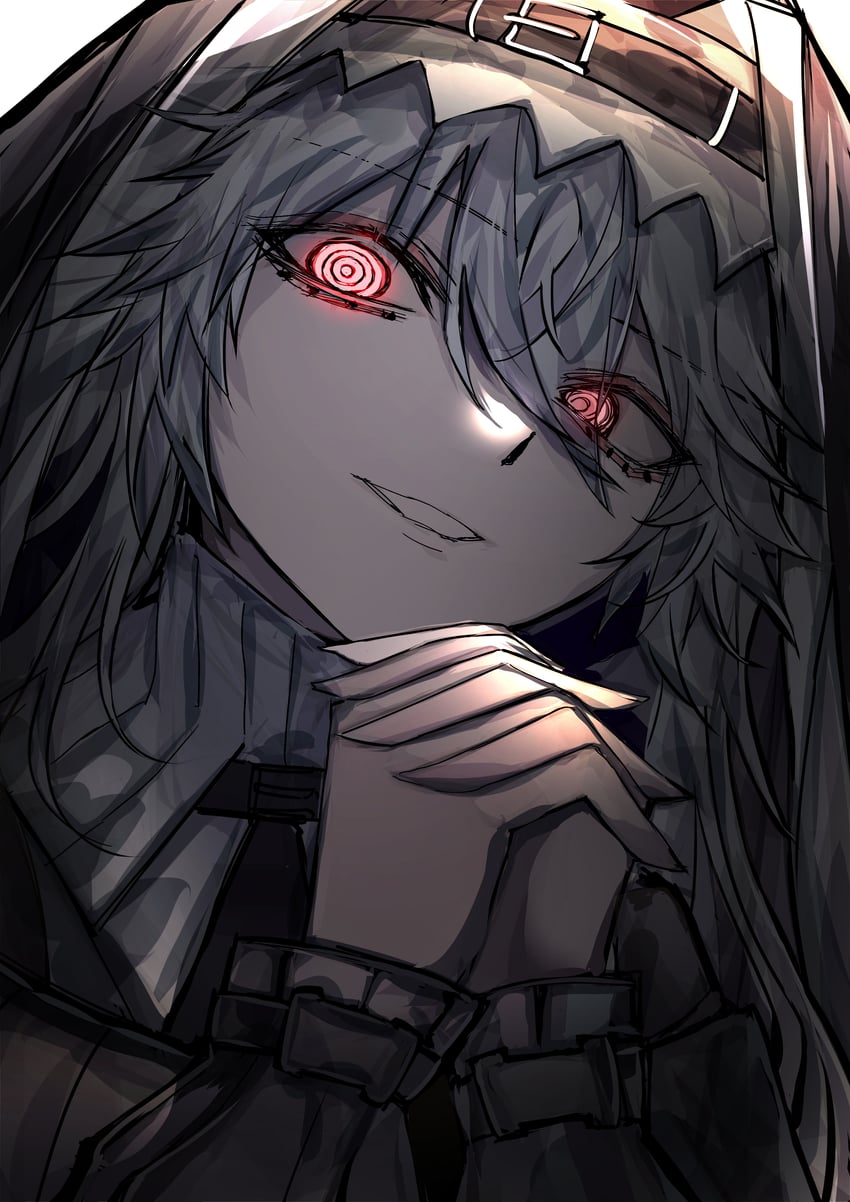 明日方舟、幽灵鲨(明日方舟) 1名女孩 替换服装 黑色连衣裙 连衣裙 眼睛在头发下可见