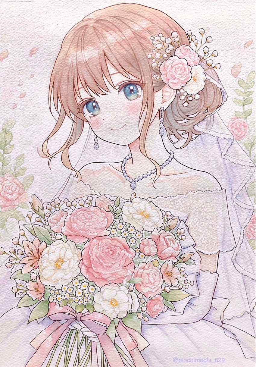 原创 1名女孩 露肩 蓝眼 花束 婚纱面纱