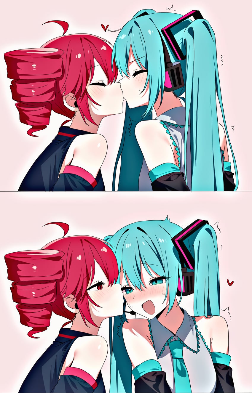 UTAU、VOCALOID、初音未来 2名女孩 两格漫画 :D 呆毛 水色瞳