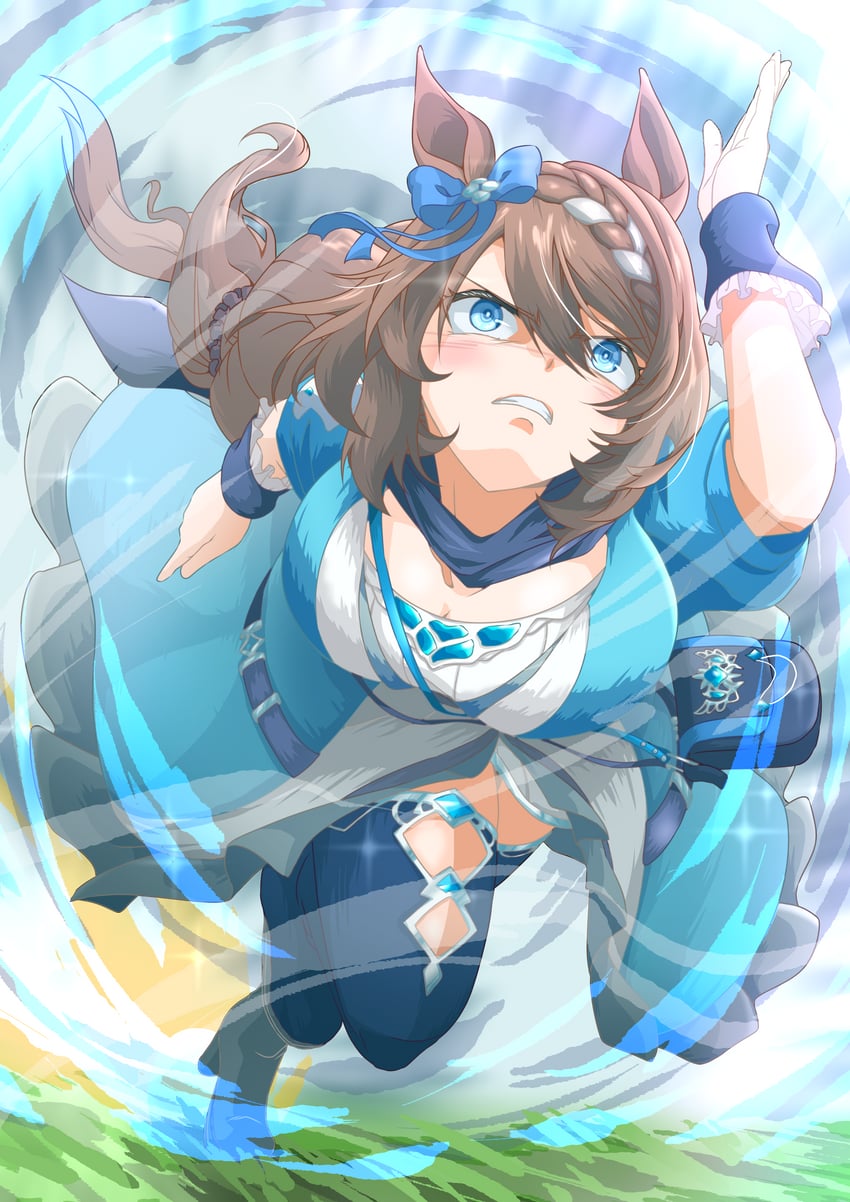 赛马娘、超级小溪 (溪流呢喃) (赛马娘)、超级小海湾 (赛马娘) 1名女孩 兽耳 包 蓝色包包 蓝色靴子