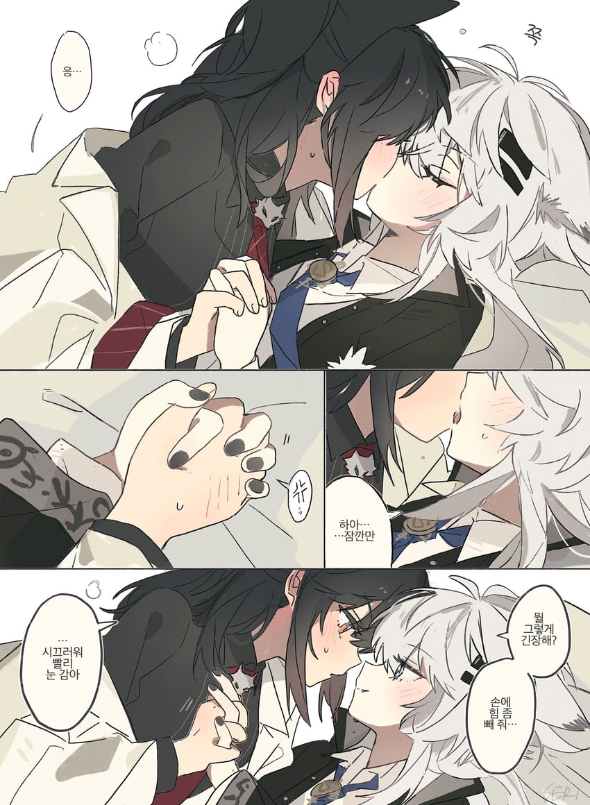 明日方舟、拉普兰德 (明日方舟)、德克萨斯 (明日方舟) 2名女孩 黑发 黑色指甲 黑衬衫 蓝眼