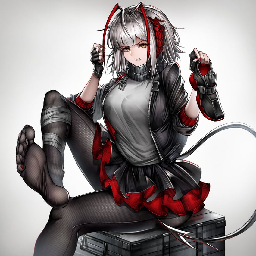 明日方舟、W (明日方舟) 1名女孩 呆毛 缠着绷带的腿 绷带 黑色夹克