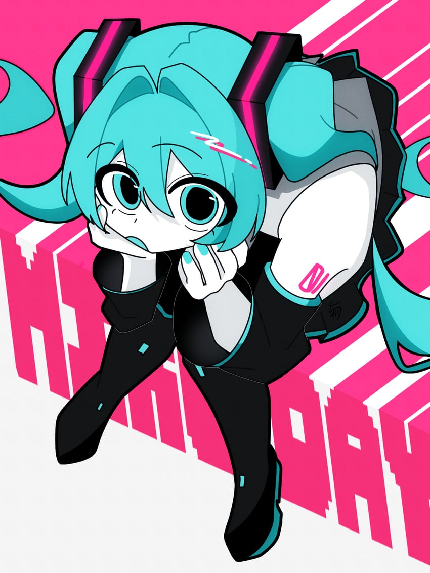 VOCALOID、初音未来 1名女孩 水色瞳 水色发 水蓝色指甲 手臂纹身