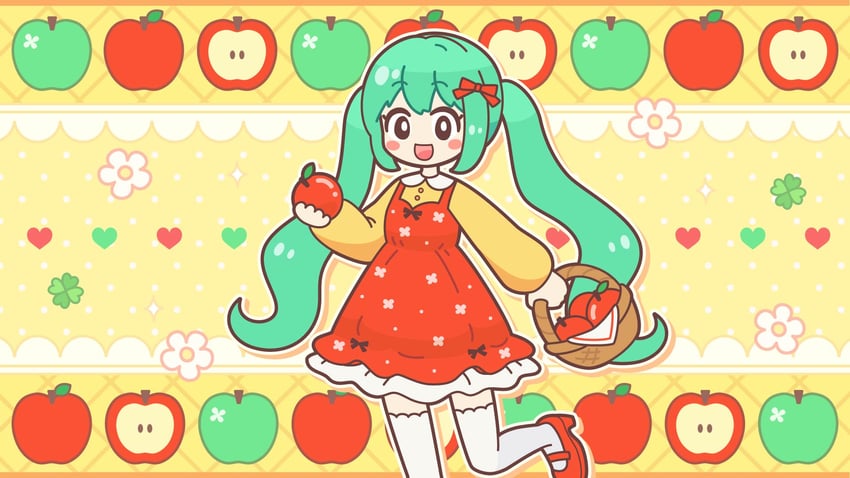 VOCALOID、初音未来 1名女孩 苹果 篮子 腮红贴纸 蝴蝶结