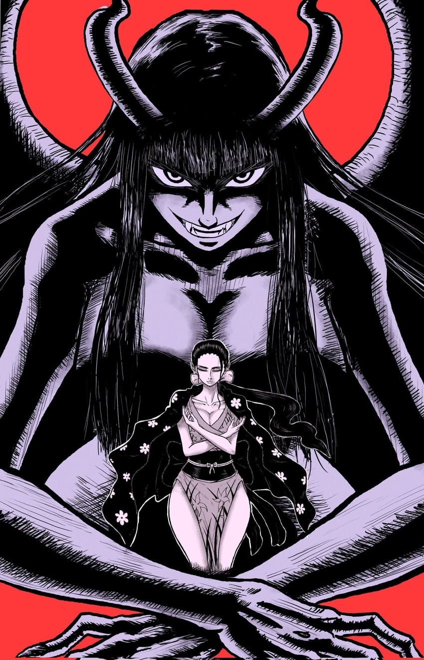 海贼王、恶魔之花、妮可·罗宾 1名女孩 齐刘海 蝴蝶结 闭眼 坏笑