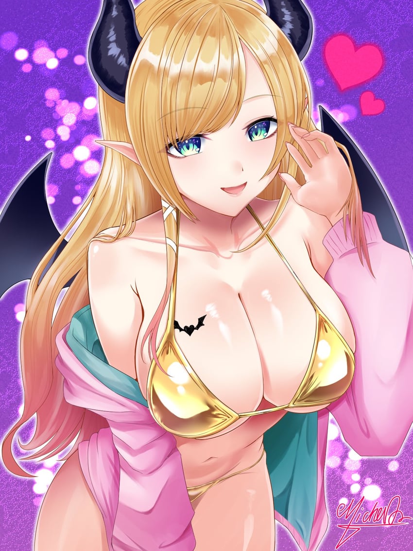 Hololive、愈月巧可 1名女孩 露肩 比基尼 黑角 黑色翅膀